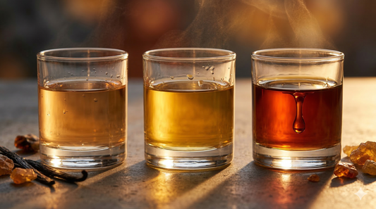 Macro view of three glass vessels showing color and viscosity differences between EDT, EDP, and concentrated pure perfume oil