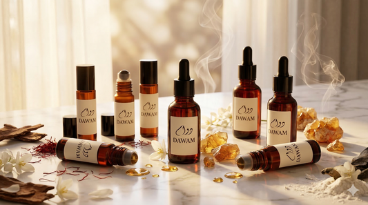 A luxurious collection of amber DAWAM fragrance bottles