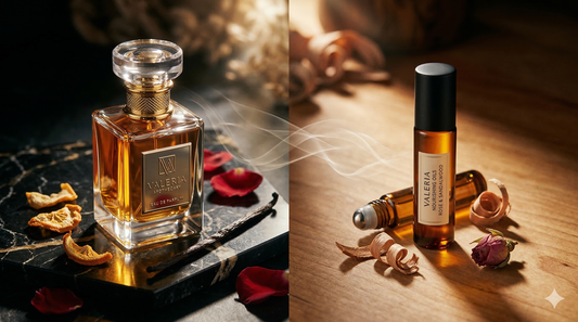 A luxuriously lit split-scene image. On the left, a square crystal perfume bottle rests on black marble. On the right, an amber oil roller bottle stands on maple wood. Both scenes include fragrance ingredients and intertwining vapor wisps.