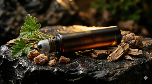 Gemini said A dark glass rollerball perfume bottle is lying horizontally on a rough, dark rock surface. It is flanked by a small cluster of green leaves and scattered pieces of wood and amber resin, all illuminated by warm, directional light.