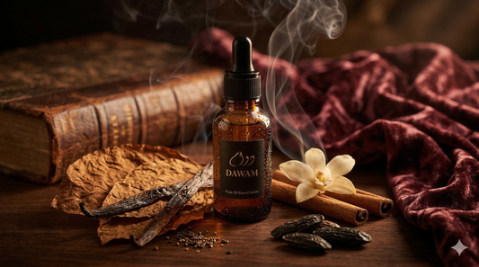 A luxurious, moody product photograph of an amber glass fragrance oil dropper bottle with a black "DAWAM" label. The bottle is centered on a dark wooden surface.