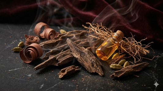 Dark oud wood chips and rosewood shavings scattered on black marble with a small glass vial of amber oil. The scene is accented by cardamom pods, dried roots, and wisps of smoke against a deep burgundy velvet background with moody, warm lighting.