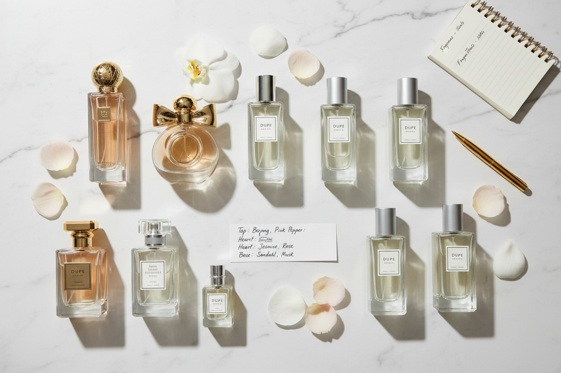 Flat lay of luxury perfume bottles and Dawam fragrance oil dupes on a marble surface with handwritten scent notes.