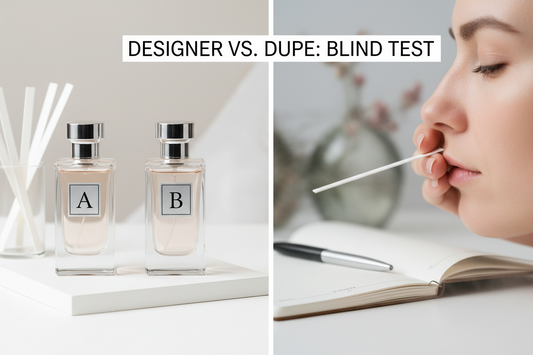 Side-by-side blind test of designer perfume versus Dawam perfume oil dupe with tester strips and a notebook.